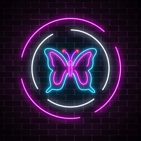 Batterfly glowing neon sign in round frames on dark brick wall background. Spring flyer emblem in circle. Night street advertising symbol. Vector illustration.のイラスト素材