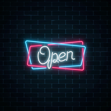Neon open hand drawn sign in geometric shapes on a brick wall background. Round the clock working bar and nightclub signboard with lettering. Opening store advertising symbol. Vector illustration.のイラスト素材