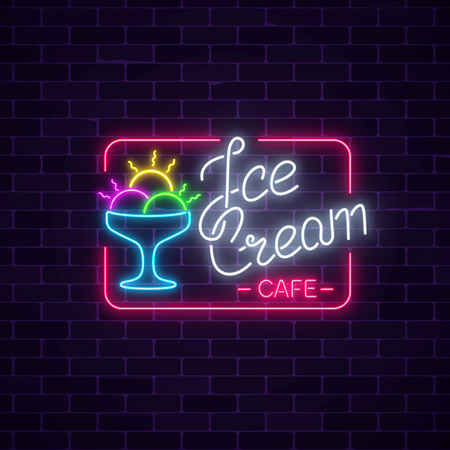 Glowing neon ice cream cafe signboard on dark brick wall background. Gelato balls in bowl. City neon advertising street sign. Vector illustration.のイラスト素材