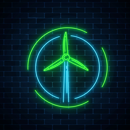 Glowing neon sign of windmill in circle frames on dark brick wall background. Ecology wind power generation concept. Wind turbine neon symbol vector illustration.のイラスト素材