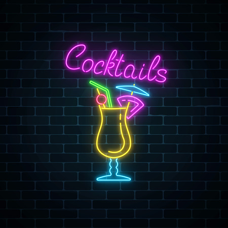 Glow neon sign of cocktails bar on dark brick wall background. Glowing gas advertising with pina colada alcohol shake. Drinking canteen banner. Night club invitation. Vector illustration.のイラスト素材