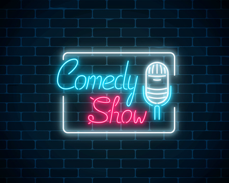 Glowing neon Comedy Show sign with retro microphone in rectangle frame on a brick wall backdrop.のイラスト素材