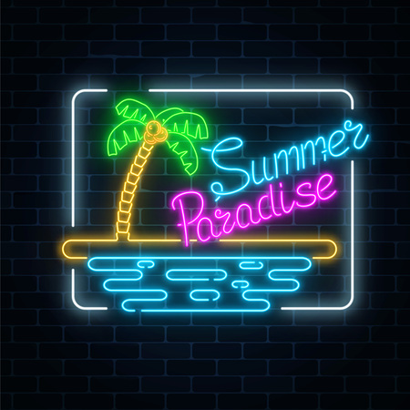 Glowing neon summer paradise sign with palm, beach and ocean in rectangle frame on dark brick wall background. Shiny summertime vacation symbol. Vector illustration.のイラスト素材
