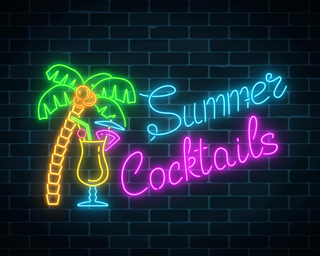 Neon summer cocktail bar sign on dark brick wall background. Glowing gas advertising with pina colada alcohol shake and palm. Drinking canteen banner. Night club invitation. Vector illustration.のイラスト素材