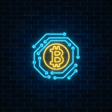 Neon bitcoin currency sign with electronic circuit. Cryptocurrency emblem on dark brick wall background. Vector illustration.のイラスト素材