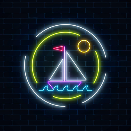Glowing neon summer sign with sailing ship in ocean in round frames on dark brick wall background. Shiny summertime symbol. Vector illustration.のイラスト素材