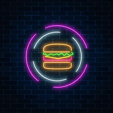 Neon glowing burger sign in circle frames on a dark brick wall background. Fast food light billboard symbol. Vector illustration.のイラスト素材