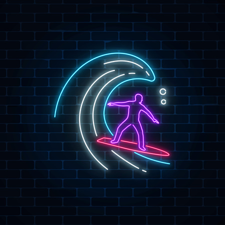 Glowing neon sign of surfer in ocean wave on dark brick wall background. Man on surfboard on waves. Symbol of summer leisure on vacation. Vector illustration.のイラスト素材