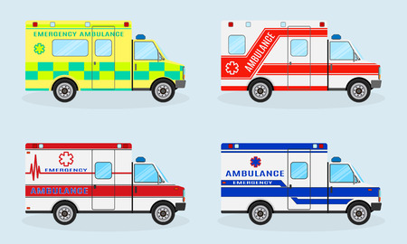 Set of four emergency ambulance cars. Ambulance car side view. Emergency medical service vehicle. Medicine paramedic transportation. Hospital transport. Flat style vector illustration.のイラスト素材