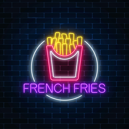 Neon glowing sign of burger in circle frame on a dark brick wall background. Fastfood light billboard symbol. Cafe menu item. Vector illustration.のイラスト素材