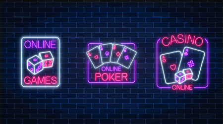 Set of three glowing neon signs of casino online games application on dark brick wall background. Casino bright signboard. Internet gambling banner. Vector illustration.のイラスト素材