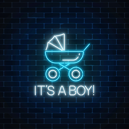 Glowing neon sign with congratulations on the birth of a baby boy on dark brick wall background. Baby carriage symbol with its a boy text in neon style. Vector illustration.のイラスト素材