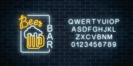 Glowing neon beer pub signboard in rectangle frame and alphabet in neon style on dark brick wall background. Luminous advertising sign of bar. Vector illustration.のイラスト素材