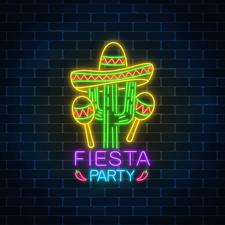 Glowing neon fiesta holiday sign on dark brick wall background. Mexican festival flyer design with maracas, sombrero hat and cactus. Vector illustration.のイラスト素材