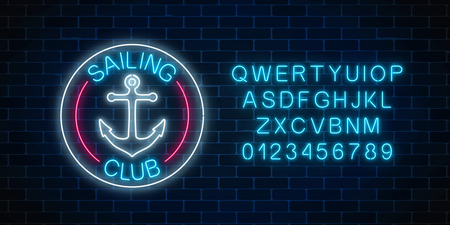 Glowing neon sign of sailing club with anchor symbol in circle frames on dark brick wall background. Summer leisure yacht club emblem. Vector illustration.のイラスト素材