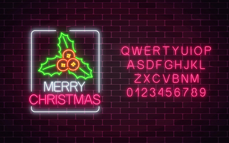 Glowing neon christmas sign with holly in rectangle frame with alphabet on dark brick wall background. Christmas symbol web banner in neon style. Vector illustration. Bright signboard christmas labelのイラスト素材