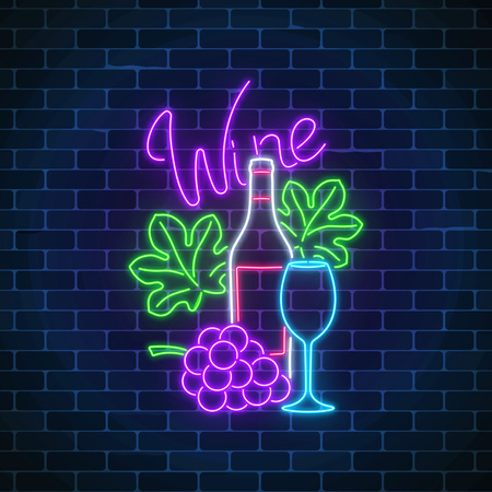 Neon glowing sign of wine store in circle frame on dark brick wall background. Bunch of grapes with bottle, glass of wine and leaves in round border. Vector illustration.のイラスト素材
