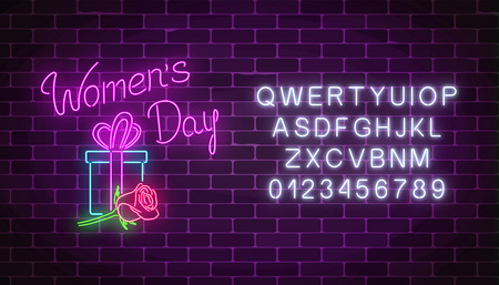 Glowing neon banner of 8 march holiday with alphabet on dark brick wall background. Spring world women day greeting card with gift box and rose flower. Vector illustration.のイラスト素材