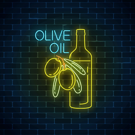 Glowing neon sign of olive oil on dark brick wall background. Natural organic food symbol with green olives and bottle. Vector illustration.のイラスト素材