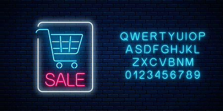 Neon glowing sale sign with shopping cart and alphabet on a dark brick wall background. Big season discount neon banner. Vector illustration.のイラスト素材