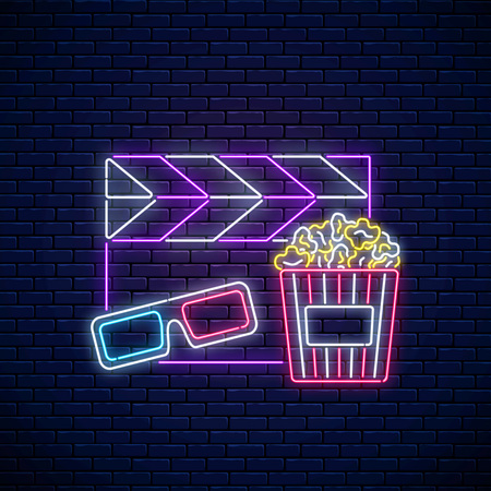 Neon sign of cinema night. Cinema time neon logo, signboard, banner with popcorn, 3D glasses and movie clapperboard on brick wall background. Vector illustrationのイラスト素材