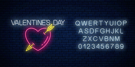 Glowing neon valentines day sign with heart shape and arrow with alphabet on dark brick wall background. Vector illustration of valentine day greeting card in neon style.のイラスト素材