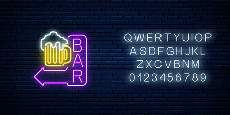 Glowing neon beer bar signboard with arrow and alphabet on dark brick wall background. Luminous advertising sign of nightclub with bar. Vector illustration.のイラスト素材