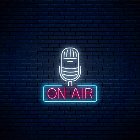 Neon on the air sign with microphone on dark brick wall background. Glowing signboard of radio station. Sound cafe icon. Music show poster. Vector illustration.のイラスト素材