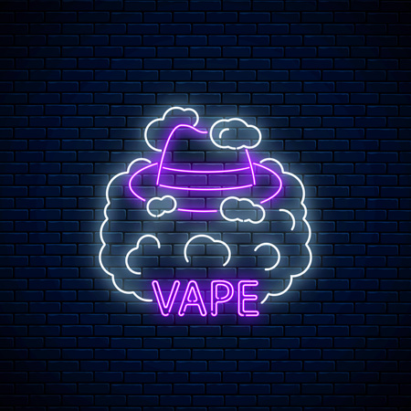 Neon signboard of vape shop or club on dark brick wall background. Glowing neon sign with man hat in vape smoke. Vaping shop symbol. Vector illustration.のイラスト素材