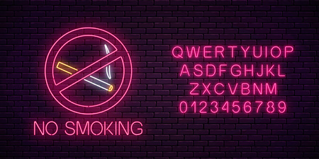Glowing neon sign no smoking with alphabet on dark brick wall of nightclub or bar. Ban on nicotine and smoke cigarettes. Signboard of no smoking place. Vector illustration.のイラスト素材