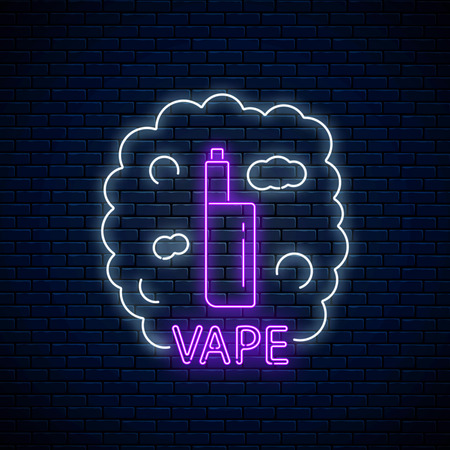 Neon signboard of vape shop or club on dark brick wall background. Glowing neon sign with vape kit and smoke. Vaping shop symbol. Vector illustration.のイラスト素材