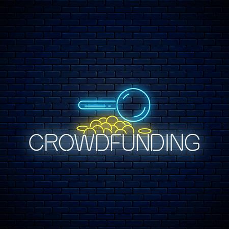 Crowdfunding neon symbol. Glowing neon sign of business project startup on dark brick wall background. Vector illustration.のイラスト素材
