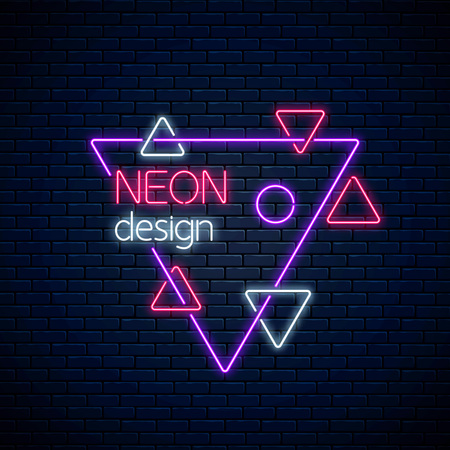Neon abstract glowing design on dark brick wall background. Geometric background with triangles in neon style. Vector illustration.のイラスト素材