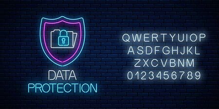 Data protection glowing neon sign with alphabet on dark brick wall background. Internet cyber security symbol with shield, folder and lock. Vector illustration.のイラスト素材