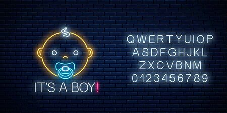 Glowing neon sign of baby boy birth celebration with alphabet on dark brick wall background. Newbaby birthday congratulations signboard in neon style. Vector illustration.のイラスト素材