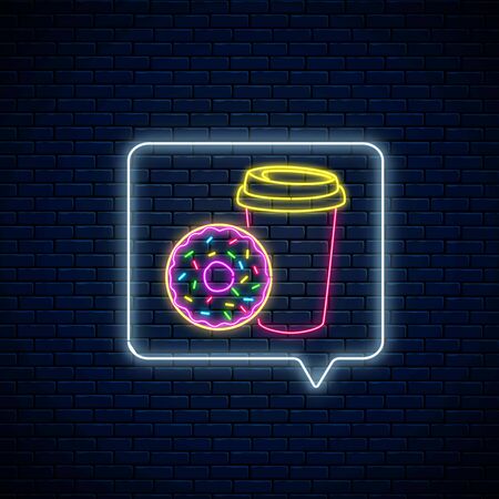 Glowing neon sign of donut and coffee cup in message notification frame on dark brick wall background. Food and drink symbol in speech bubble in neon style. Vector illustration.のイラスト素材