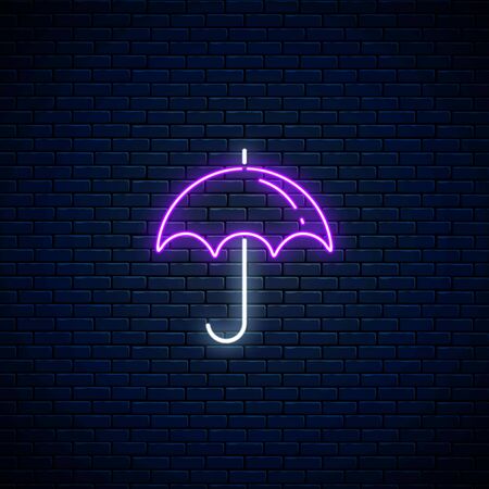 Glowing neon umbrella weather icon on dark brick wall background. Umbrella symbol in neon style to weather forecast in mobile application. Vector illustration.のイラスト素材