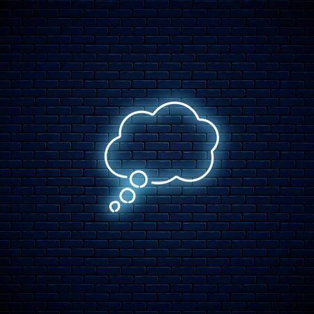 Glowing neon empty thought bubble frame. Cloud blank speech bubble in neon style on dark brick wall background. Vector illustration.のイラスト素材