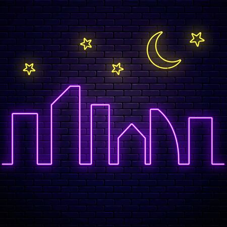 Glowing neon city banner with stars and moon on dark brick wall background. Town symbol poster in neon style with glowing skyscrapers silhouettes. Vector illustration.のイラスト素材