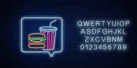 Glowing neon sign of burger and soda drink cup in message notification frame with alphabet. Food and drink symbol in speech bubble in neon style. Vector illustration.のイラスト素材