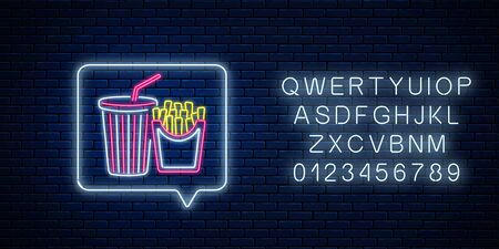 Glowing neon sign of french fries and soda drink cup in message notification frame on dark brick wall background. Food and drink symbol in speech bubble in neon style. Vector illustration.のイラスト素材