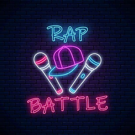 Rap battle neon sign with two microphones and baseball cap. Emblem of hip-hop music. Rap contest advertisement design.のイラスト素材