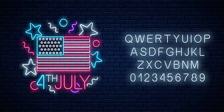 USA independence day glowing neon sign with usa flag and alphabet on dark brick wall background. National united states holiday greeting card. 4th july holiday banner. Vector illustration.のイラスト素材