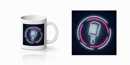 Neonprint of microphone in round frame on ceramic mug mockup. Branding identity design of a nightclub with karaoke and live music. Sound cafe icon. Rock show poster. Vector illustration.のイラスト素材