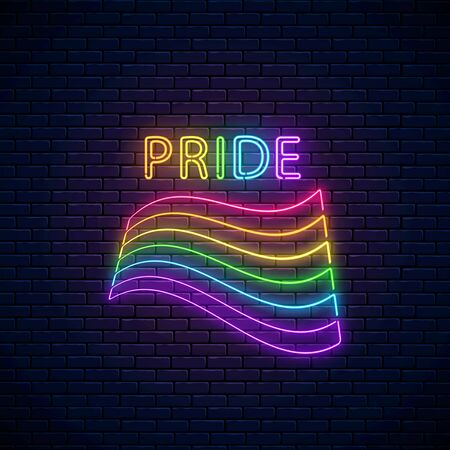 Neon LGBT waving flag with pride text. Pride sign design template, LGBT , bisexual, gay and transgender rights banner design in neon style. Glow vector illustration.のイラスト素材