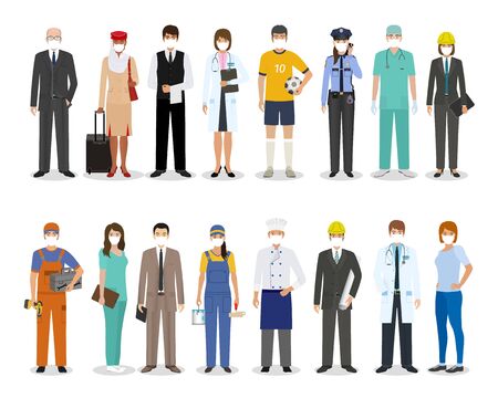Employee and workers characters together wearing protective edical mask for prevent virus covid-19. Employment and labor day banner. Group of people with different occupation. Vector illustration.のイラスト素材