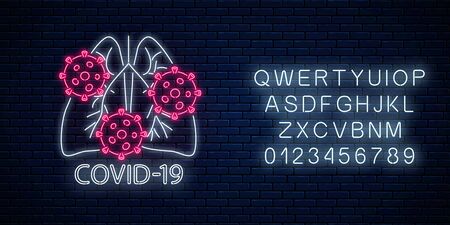 Stop coronavirus neon sign with alphabet. COVID-19 virus caution sign with human lungs symbol in neon style. Coronavirus outbreak stop icon. Vector illustration. Shiny world pandemic alert designのイラスト素材