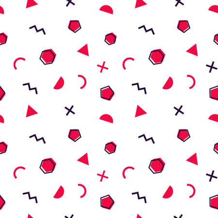 Memphis style seamless pattern. Vector. Colorful geometric shapes background with white backdrop. Wrapping paper texture 80-90s style. Minimal abstract cover design. Pattern template in swatches panelのイラスト素材