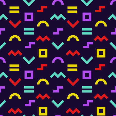 Memphis style seamless pattern. Colorful geometric shapes background with dark backdrop. Vector...
