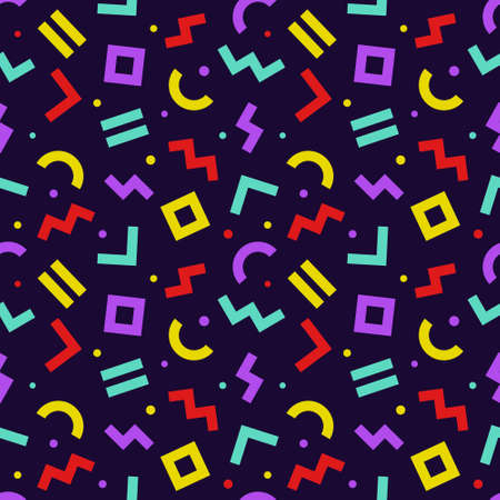 Memphis style seamless pattern. Colorful geometric chaotically oriented shapes background with dark backdrop. Vector. Wrapping paper texture. Abstract cover design. Pattern template in swatches panel.のイラスト素材